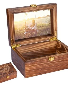 Small Wooden Memory Keepsake Boxes With Hinged Lids and a photo frame